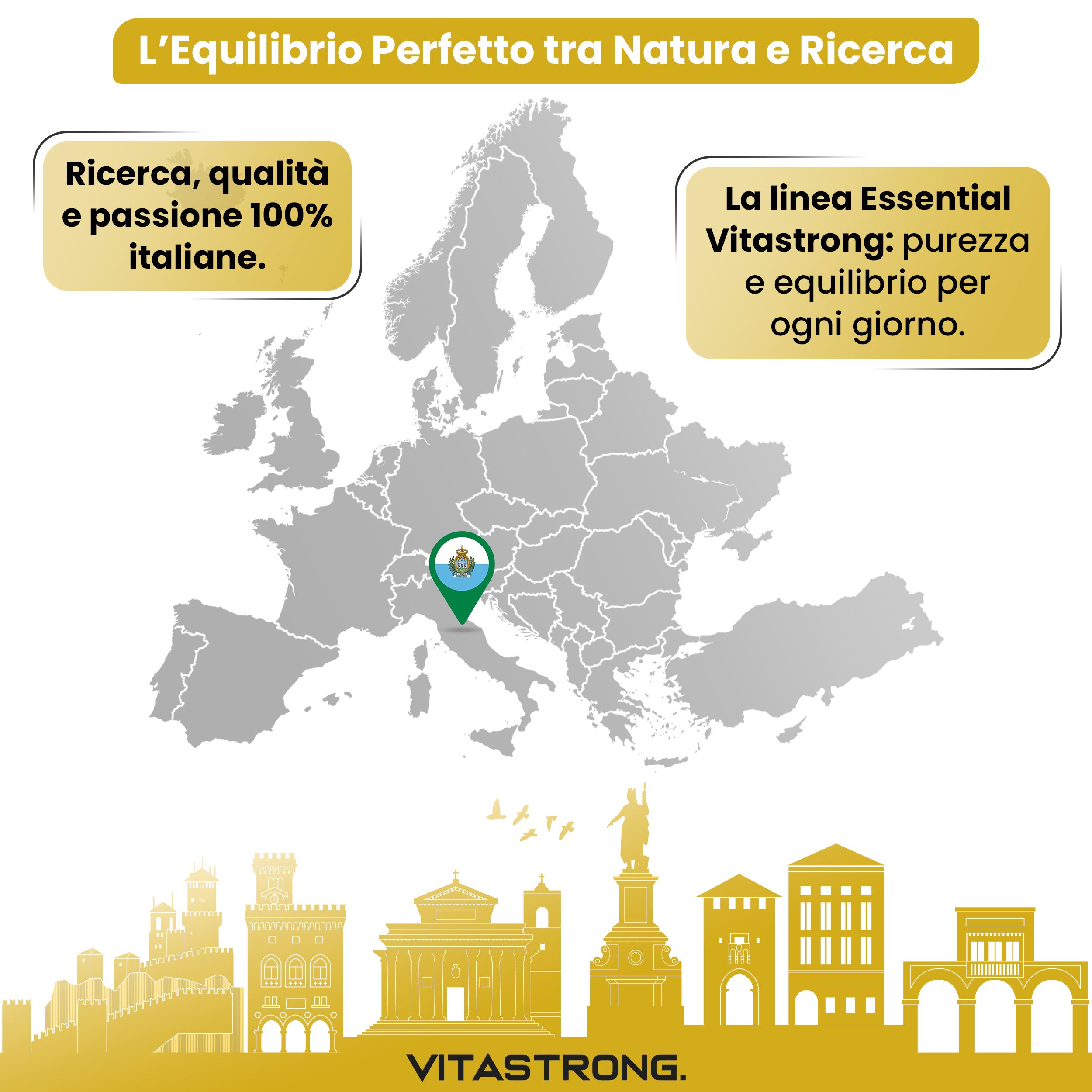 Mappa dell'Europa con San Marino evidenziato. Testo: Ricerca, qualità, passione. La linea Essential di Vitastrong.