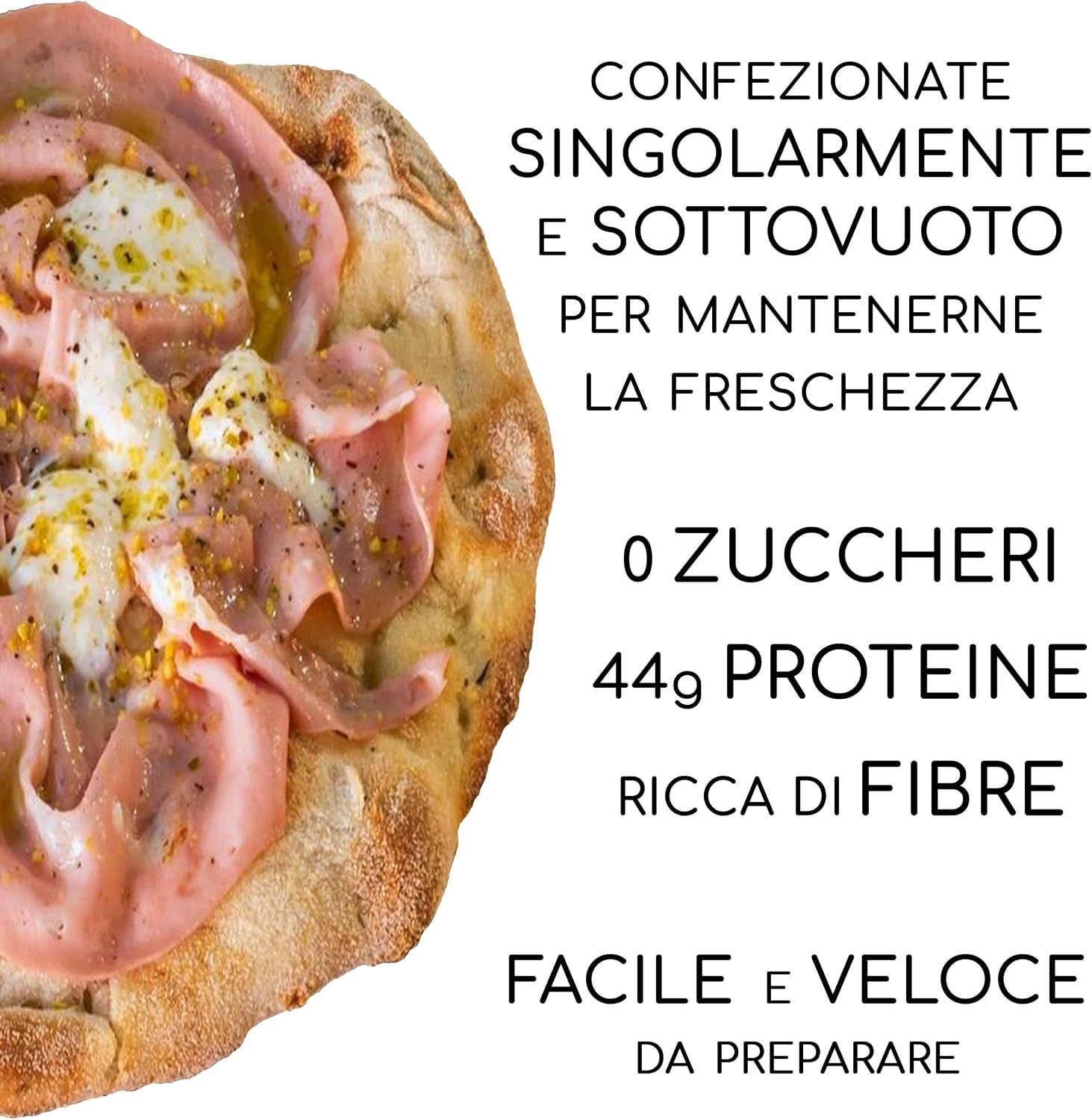 Una focaccia keto con prosciutto, formaggio e pistacchi, confezionata singolarmente, con informazioni nutrizionali.