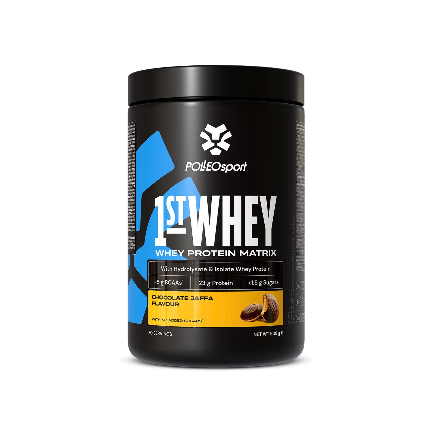 Barattolo nero "1ST:WHEY" con logo. Gusto cioccolato Jaffa. Contiene 23g proteine. 30 porzioni.