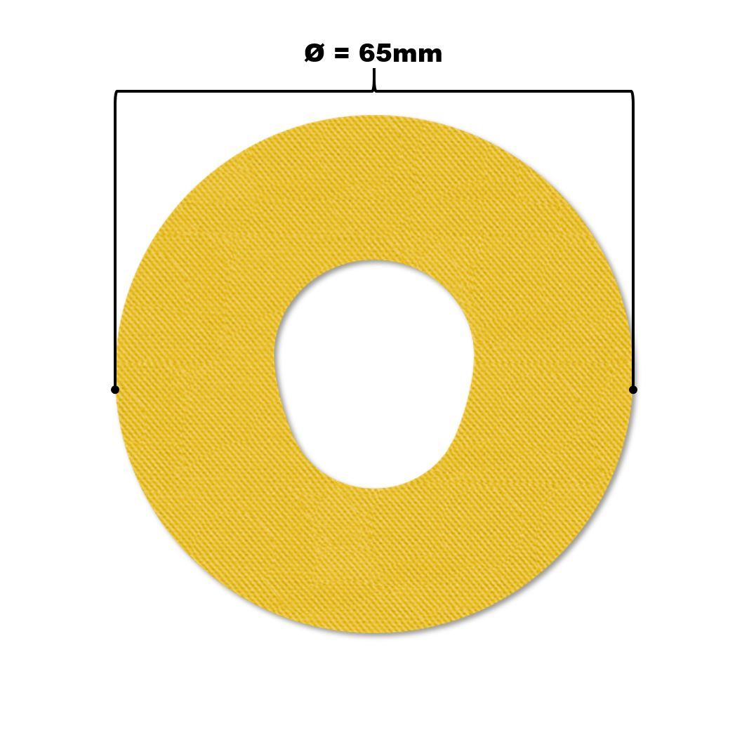 Cerotto giallo a forma di anello con foro centrale. Diametro 65mm. Superficie strutturata. Primo piano.