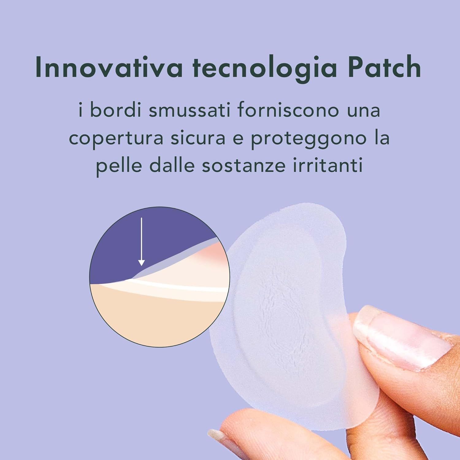 Cerotto con bordi smussati. Testo: Tecnologia innovativa Patch. Illustrazione: sezione di pelle con cerotto.