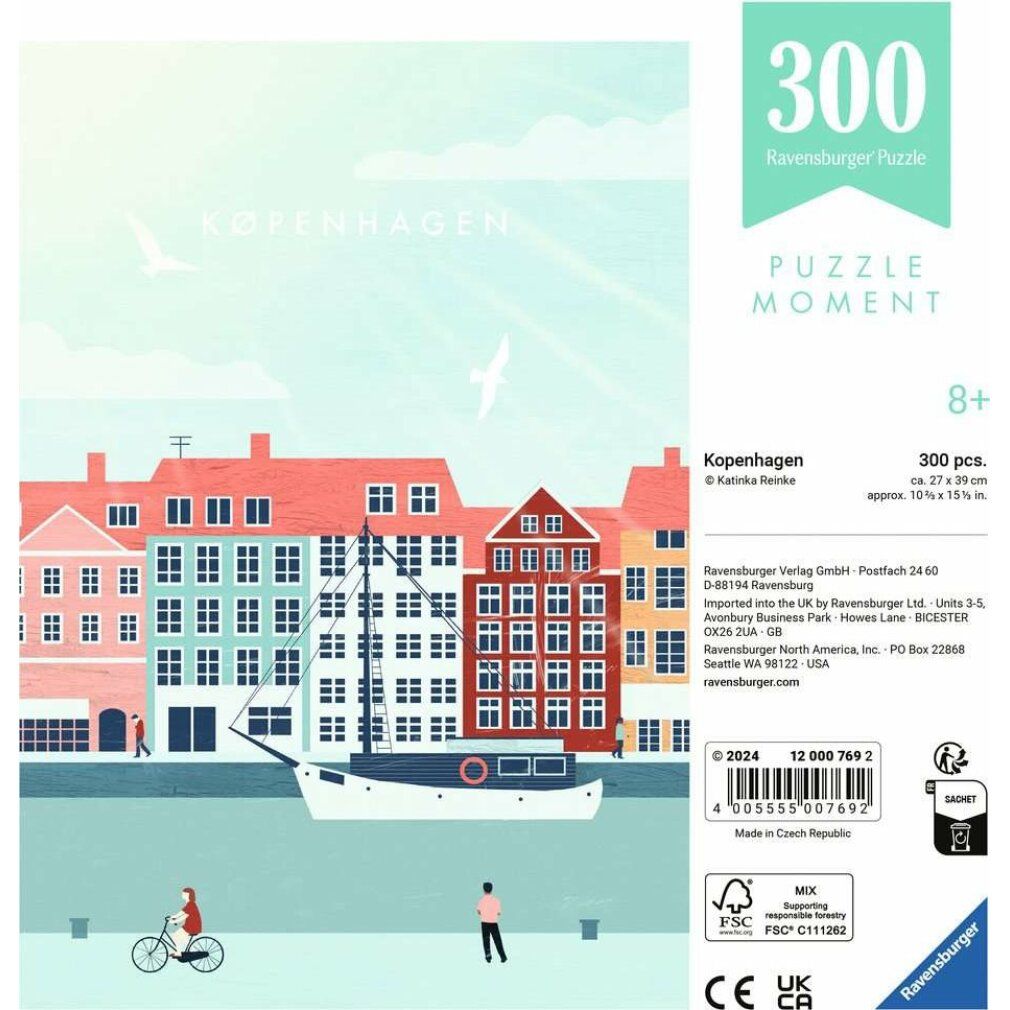 Scatola puzzle con immagine di Copenaghen. 300 pezzi. Testo: Ravensburger, Puzzle Moment, 8+, 27x39cm.