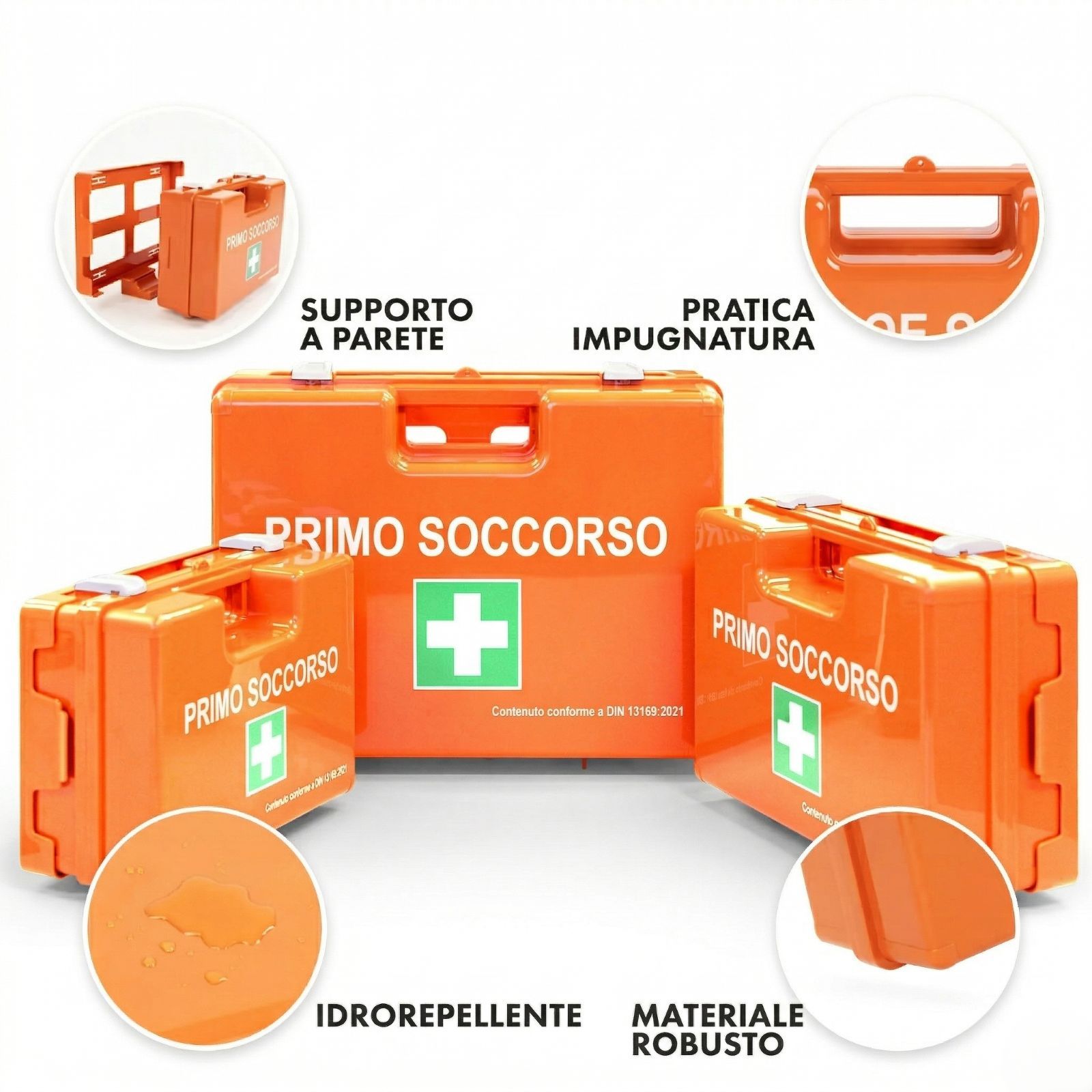 Tre valigette di pronto soccorso arancioni. Supporto a parete, maniglia robusta, materiale idrorepellente. Materiale robusto.