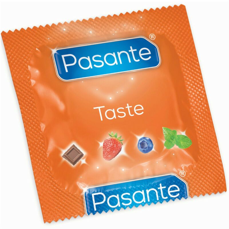 Involucro singolo di preservativo Pasante Taste. Sfondo arancione con illustrazioni di frutta e cioccolato.