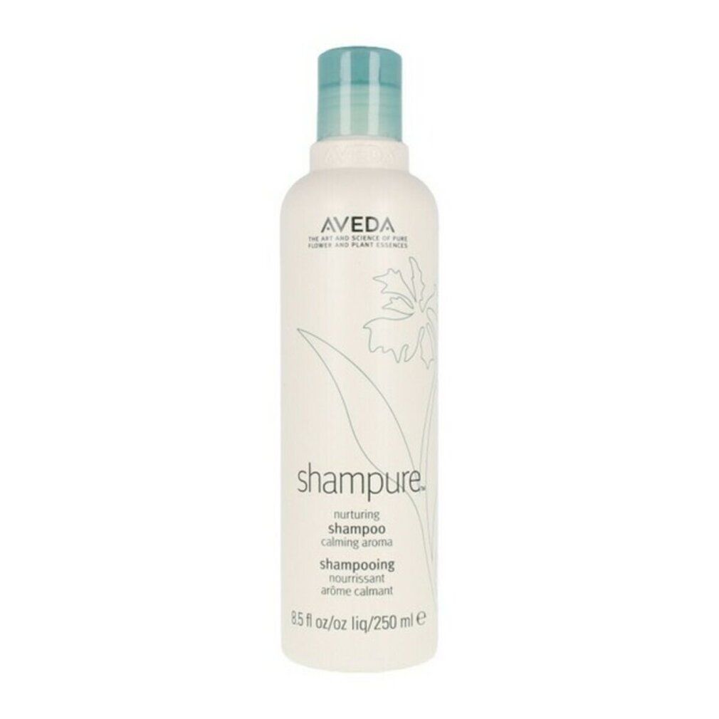 Flacone di shampoo bianco con tappo blu. Scritta: Aveda, Shampure, 250 ml.