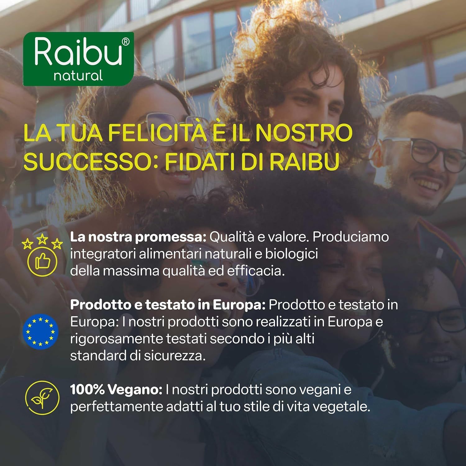 Prodotto con testo e icone. Scritta: Raibu natural, L-Arginina 6000, 365 capsule. Vegano, prodotto in Germania.
