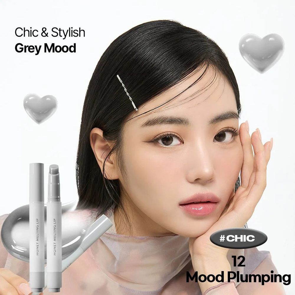 Donna con rossetto. Due rossetti con scritta "HONEY MELTING LIP". Testo: "#CHIC 12 Mood Plumping".