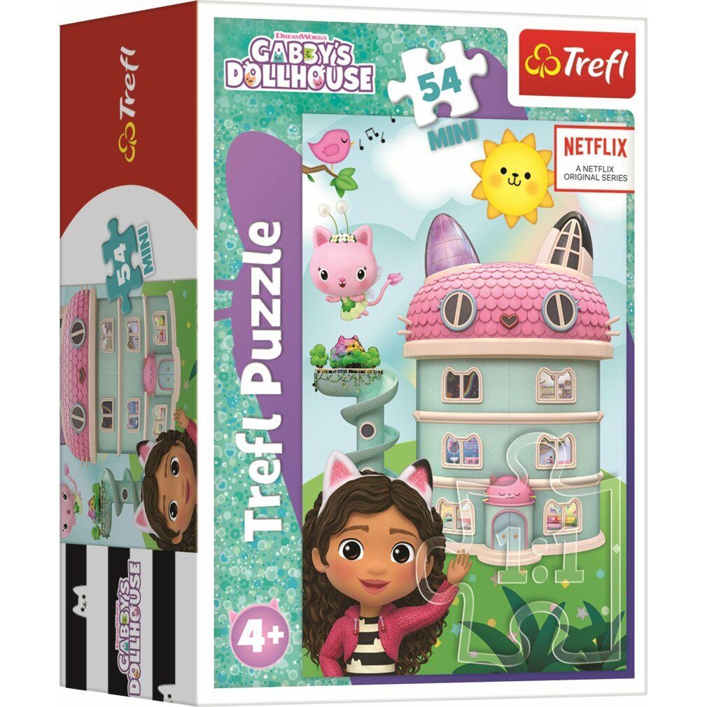 Scatola puzzle Gabby's Dollhouse. Illustrazione: Gabby, casa, gatto, 54 pezzi, Netflix. Marchio: Trefl. Età consigliata: 4+.