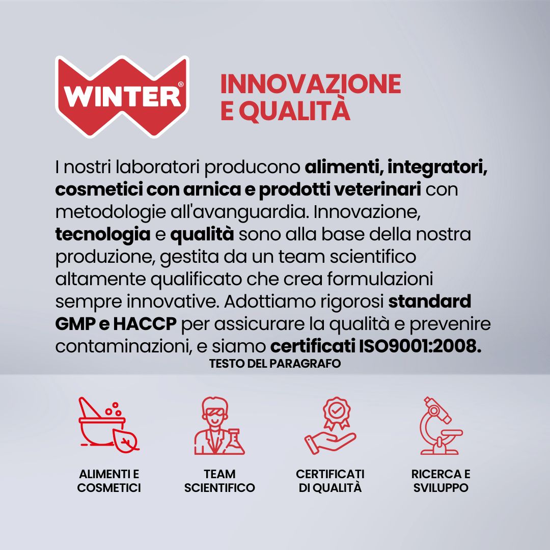 Logo Winter, testo su innovazione e qualità, certificazioni.