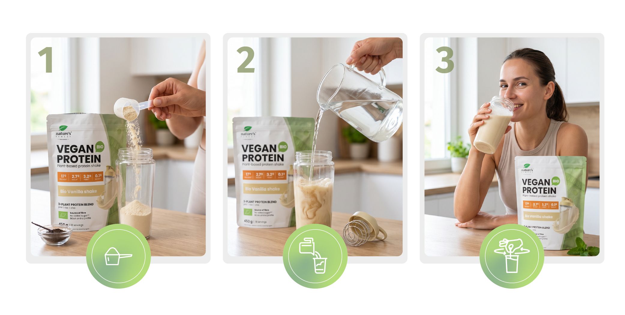 Istruzioni in tre passaggi per preparare il frullato proteico vegano.