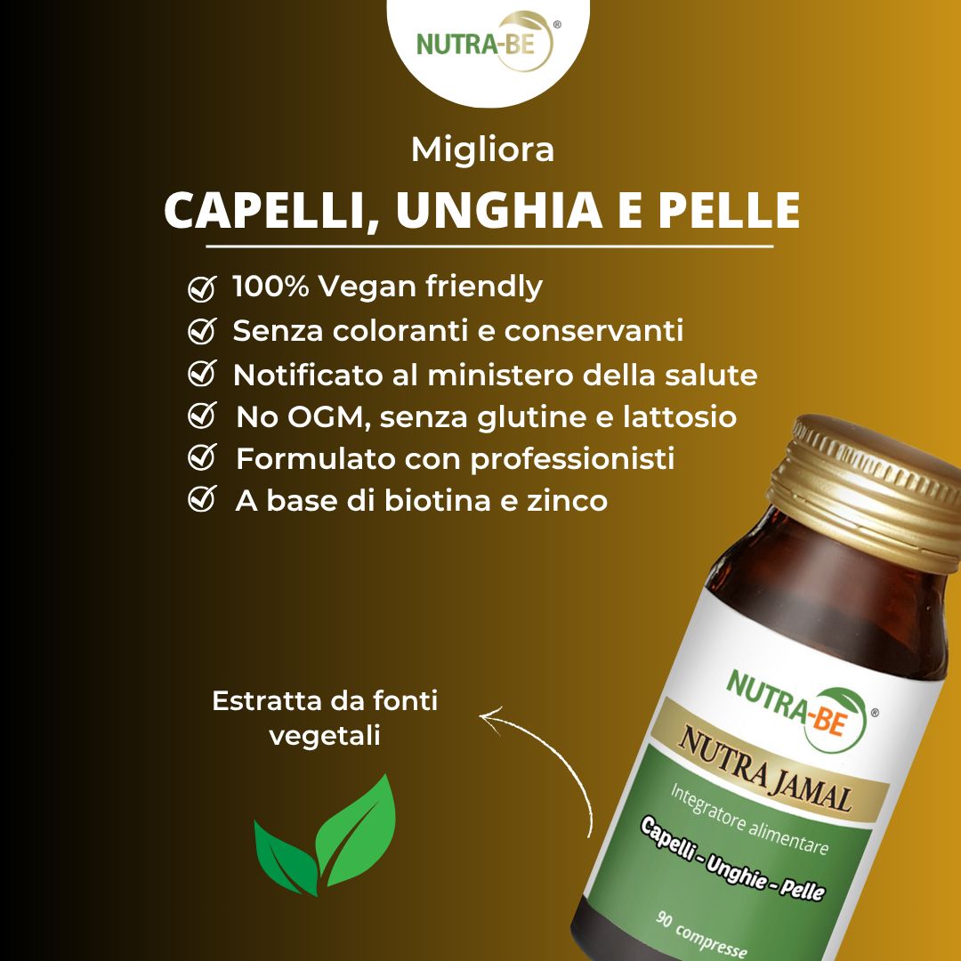 Flacone del prodotto con testo: "CAPELLI, UNGHIA E PELLE". Elenchi di ingredienti e certificazioni. Vegano, senza additivi.