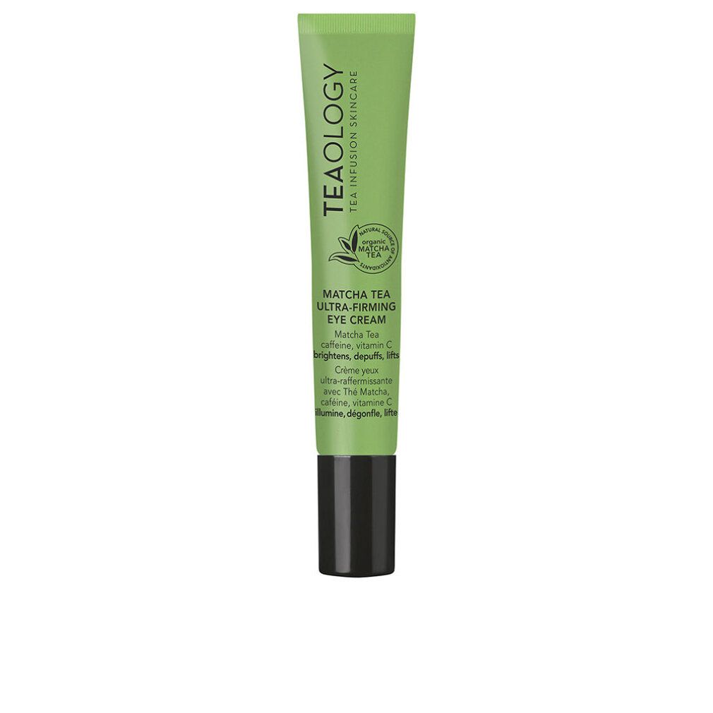 Tubo verde con tappo nero. Scritta: Tealogy, Matcha Tea Ultra-Firming Eye Cream.