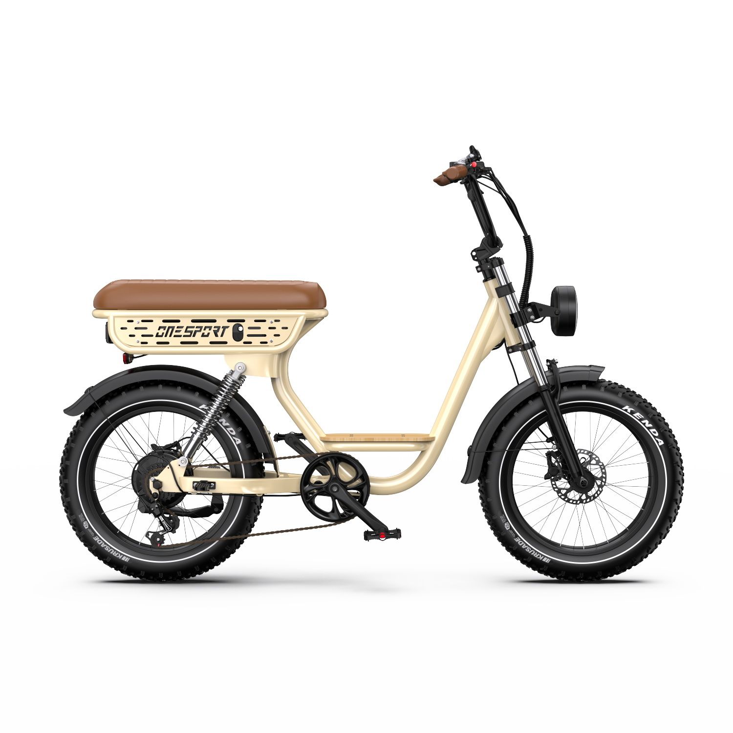 Bicicletta elettrica beige con sella marrone. Pneumatici, parafanghi e manubrio neri. Marca: ONESPORT. Vista laterale.
