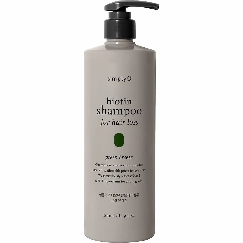 Flacone di shampoo grigio con dosatore nero. Scritta: Biotin Shampoo for hair loss, Green Breeze. 500ml/16.9 fl.oz.