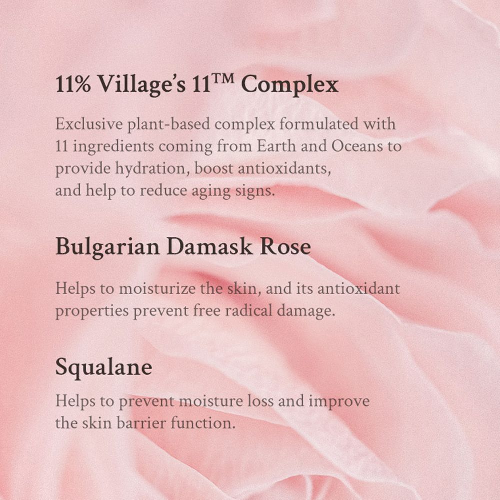 Testo sugli ingredienti e i benefici del siero viso. Contiene informazioni sul complesso 11% Village.