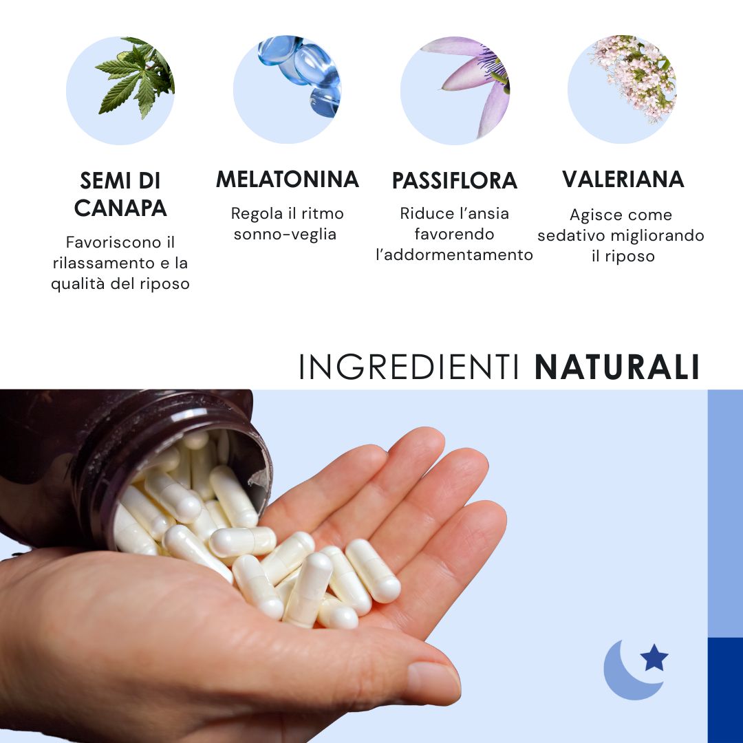 Mano che tiene capsule. Testo: Ingredienti naturali. Semi di canapa, melatonina, passiflora, valeriana.