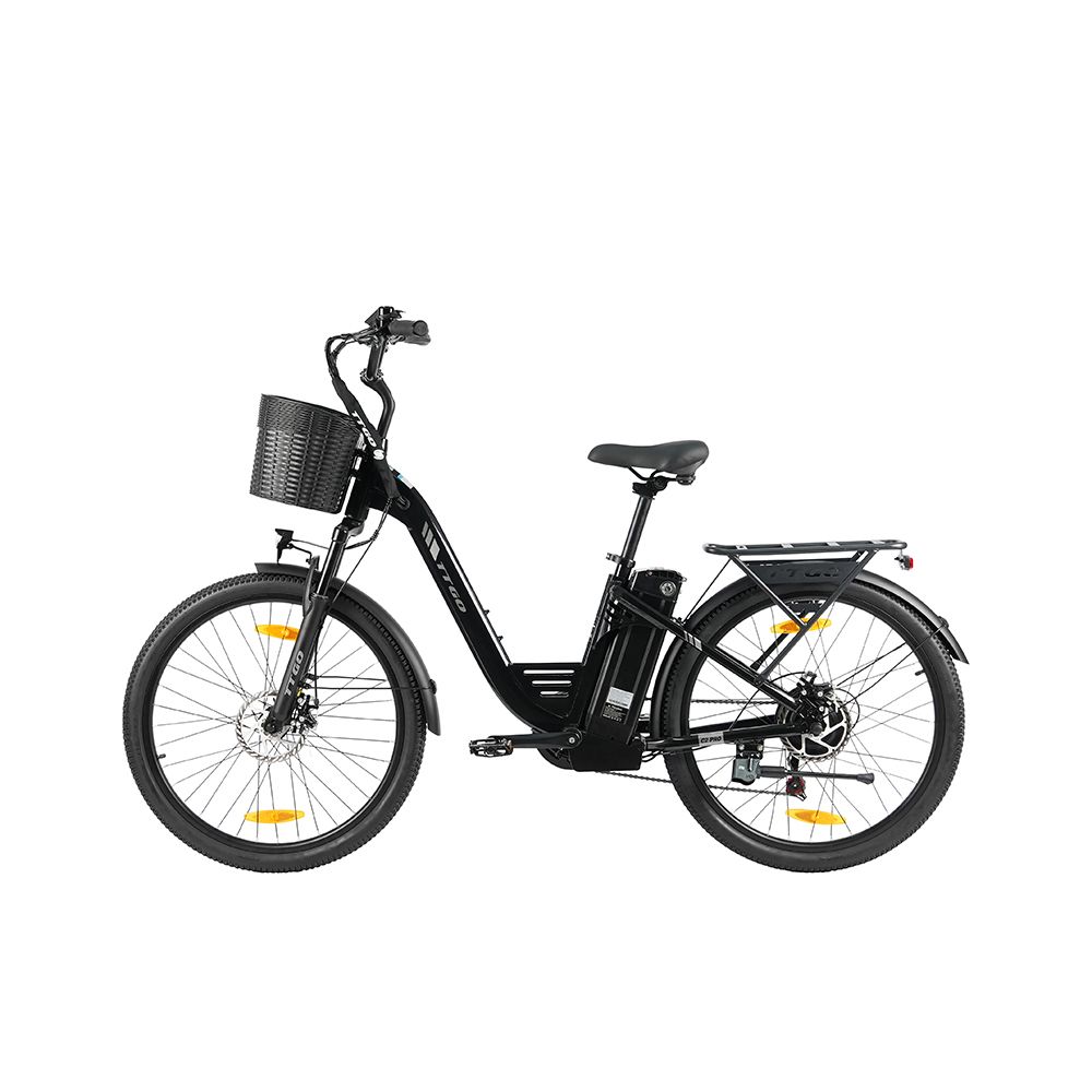 E-bike TTGO C2 PRO nero. Cestino anteriore, portapacchi posteriore. Shimano 7 velocità. Batteria telaio.