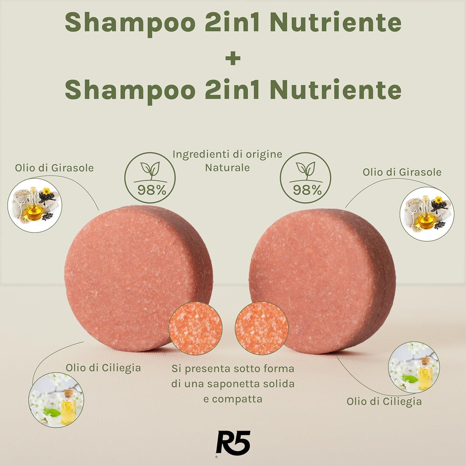 Due shampoo solidi rotondi rosa. Testo: Shampoo 2in1 Nutriente. Ingredienti: Olio di Girasole, Olio di Ciliegia. Logo R5.