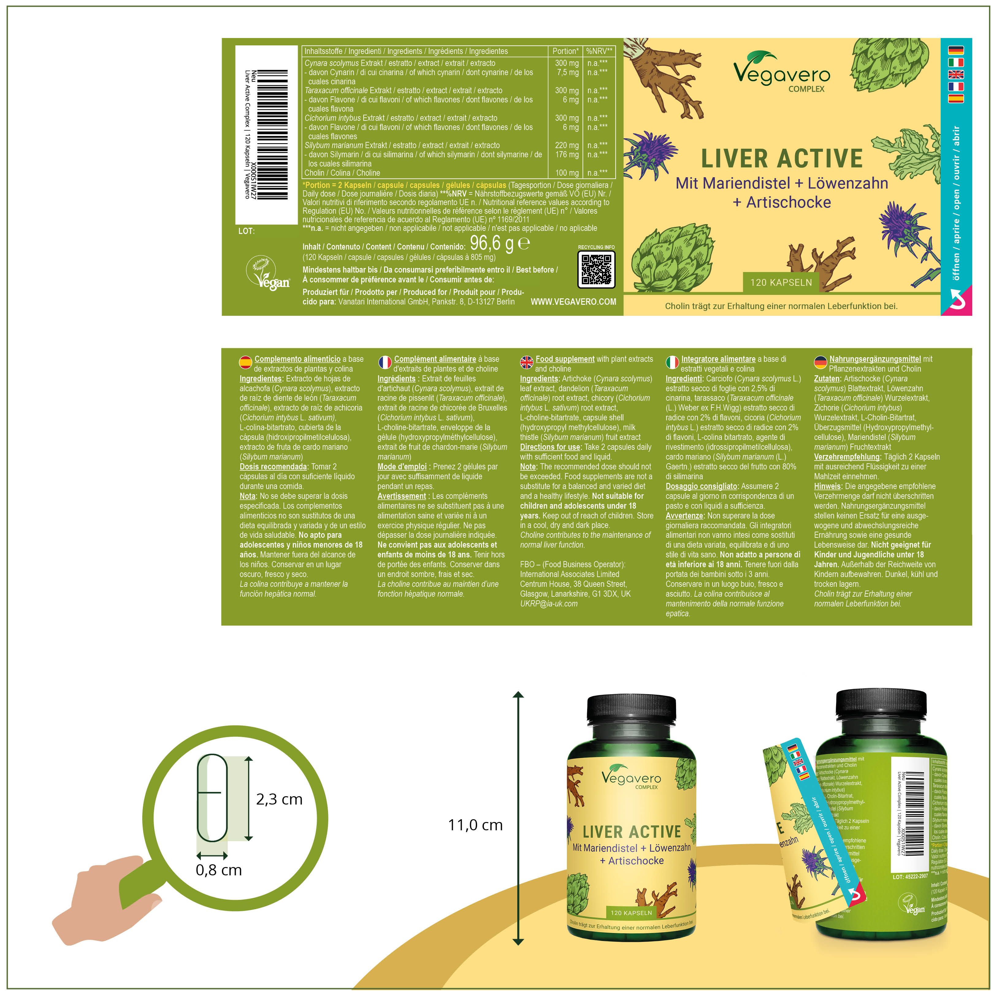 Confezione del prodotto con flacone e foglietto illustrativo. Flacone: Liver Active. Foglietto con ingredienti. Dimensioni: 2,3 x 0,8 cm, 11 cm di altezza.