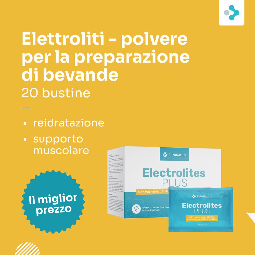 FutuNatura Electrolytes Plus, 20 bustine. Sfondo giallo con prodotto e testo. Miglior prezzo.