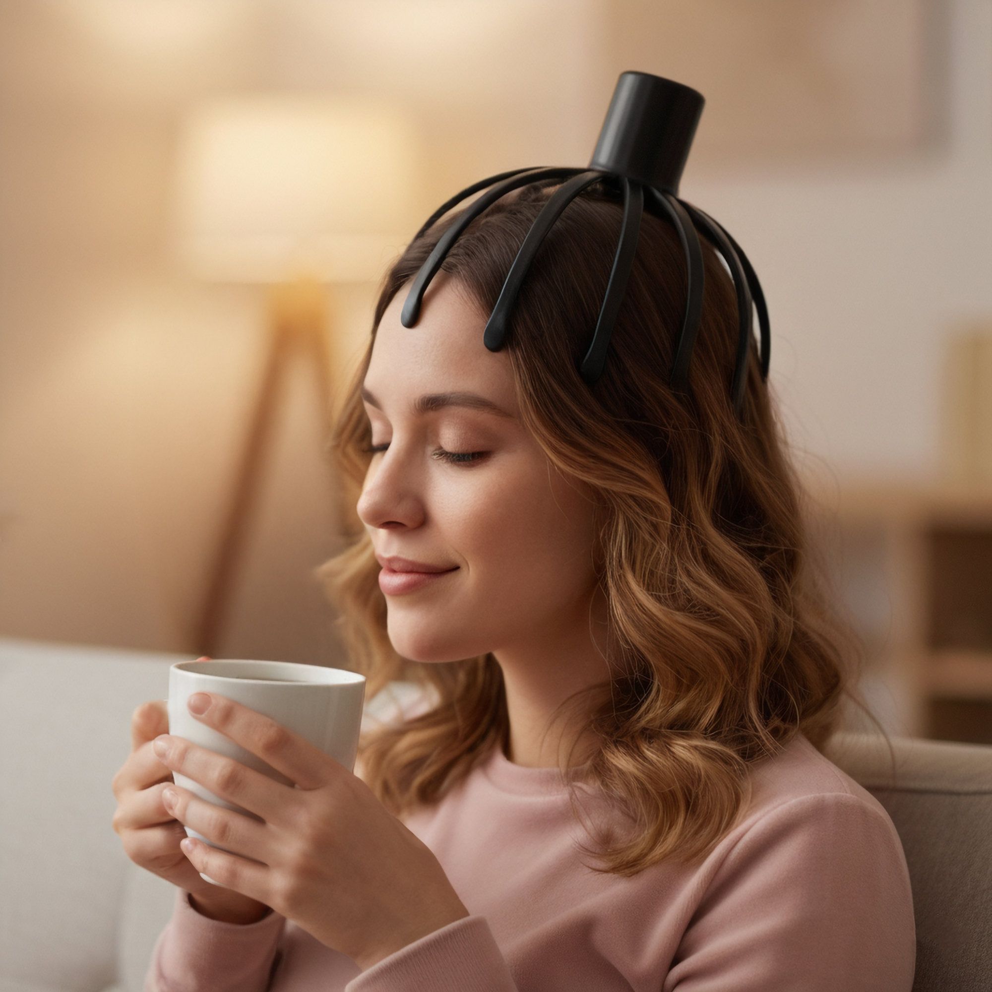 Donna con massaggiatore per la testa nero. Tiene una tazza bianca.