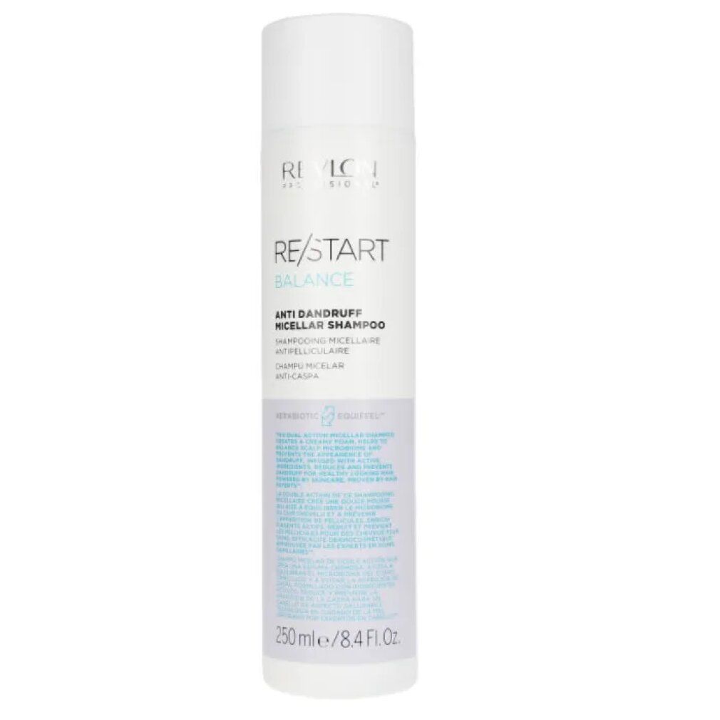 Shampoo bianco con testo blu. Testo: RE/START Balance Anti-forfora Micellar Shampoo. 250 ml/8.4 Fl.Oz.