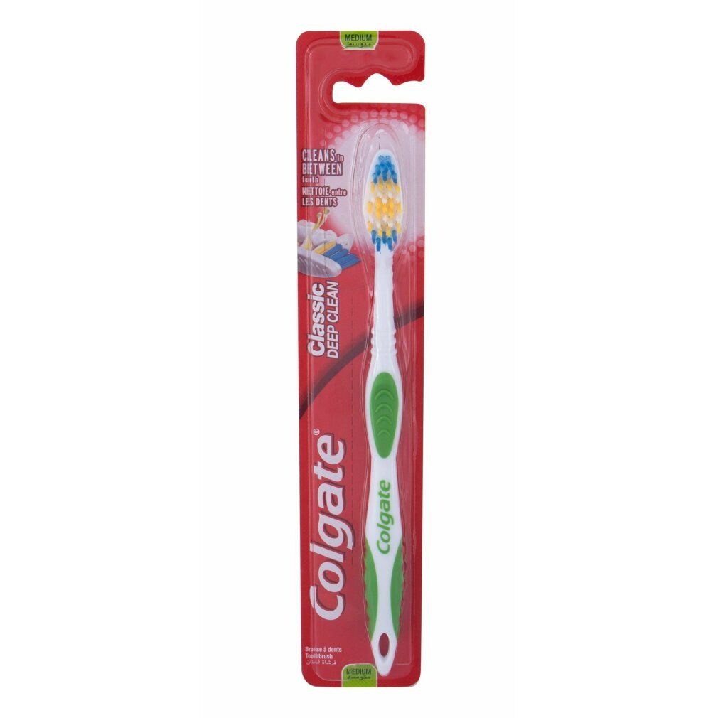 Spazzolino Colgate Classic in confezione. Manico verde, setole bianche con dettagli gialli e blu. Testo "Classic Deep Clean".