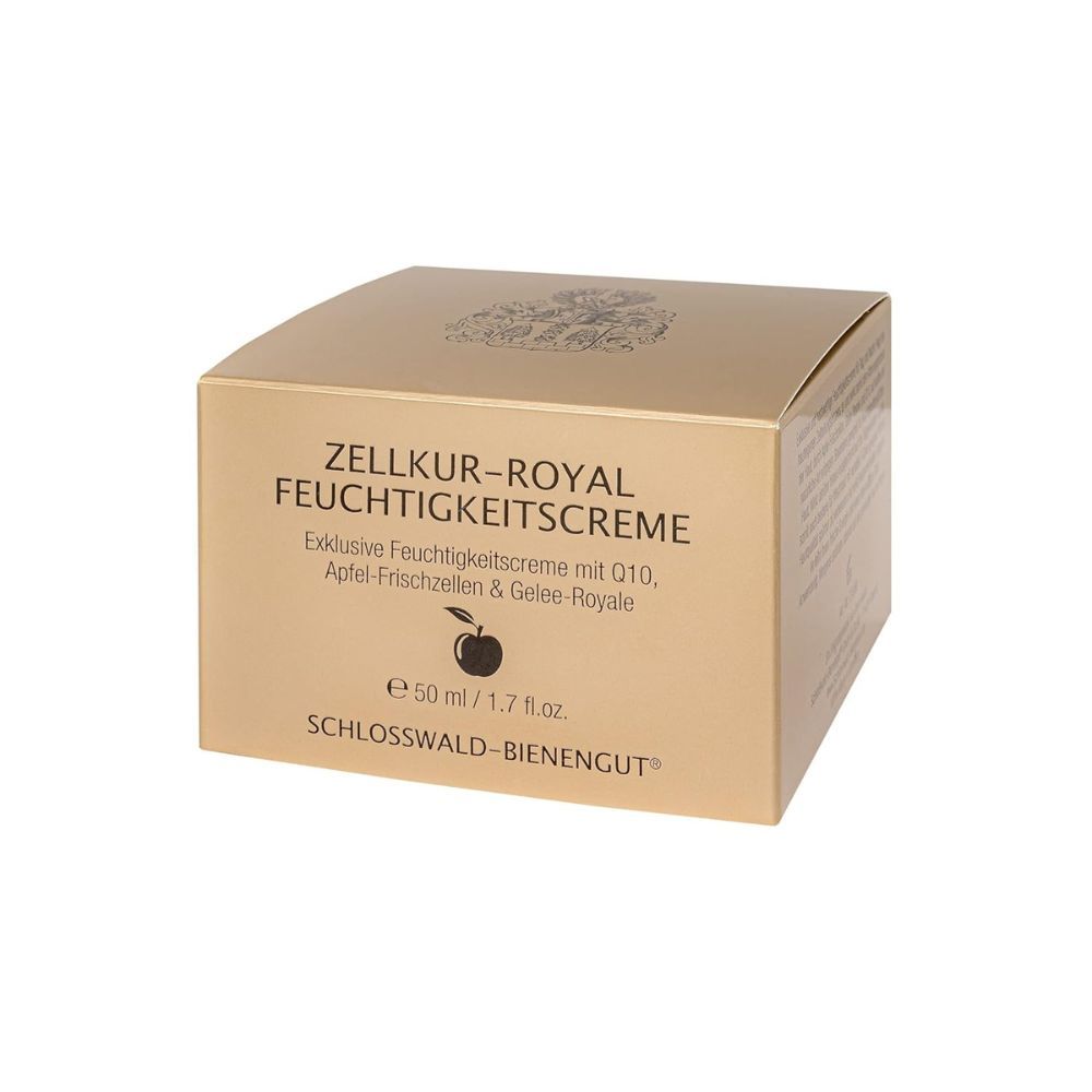 Scatola dorata con scritta: ZELLKUR-ROYAL Feuchtigkeitscreme. Crema idratante esclusiva con Q10, cellule fresche di mela e gelée royale. Con logo.