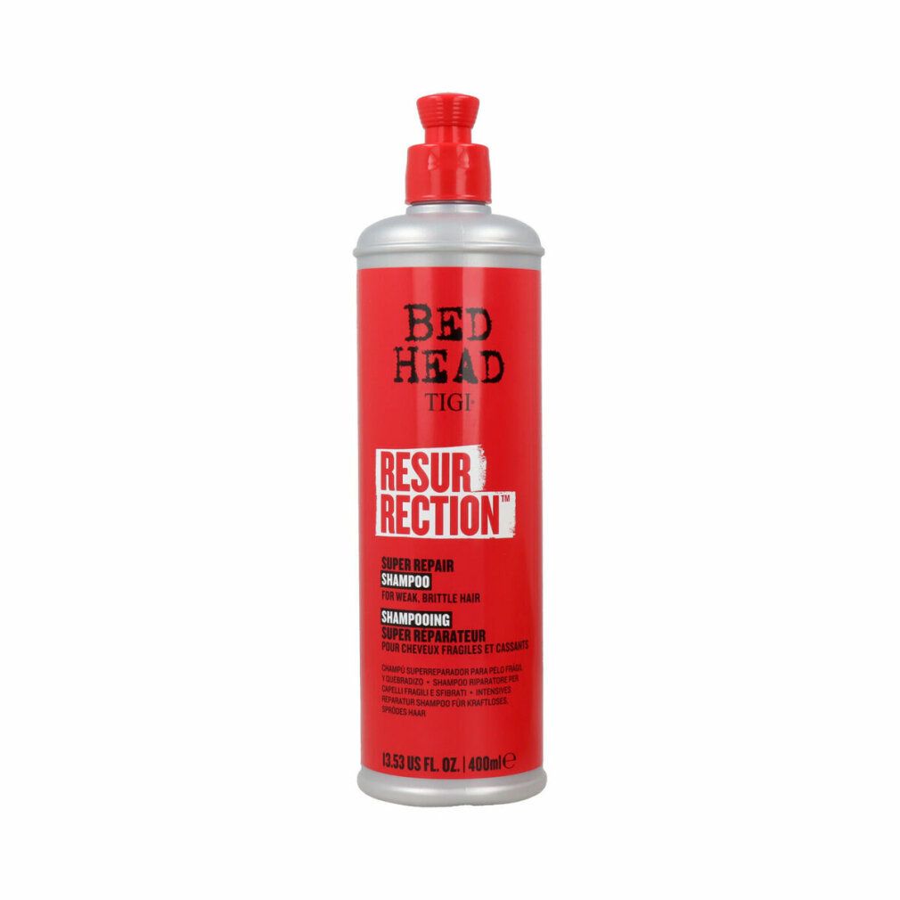 Flacone di shampoo rosso con tappo argentato. Scritta: Bed Head Tigi Resurrection Super Repair Shampoo. 400ml.
