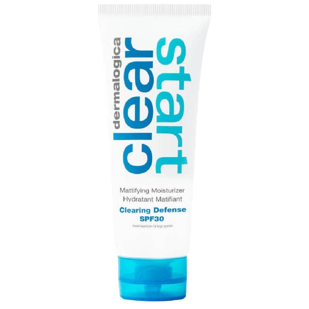 Tubo bianco con tappo blu. Scritta: Clear Start, Clearing Defense SPF30. Marchio: Dermalogica.