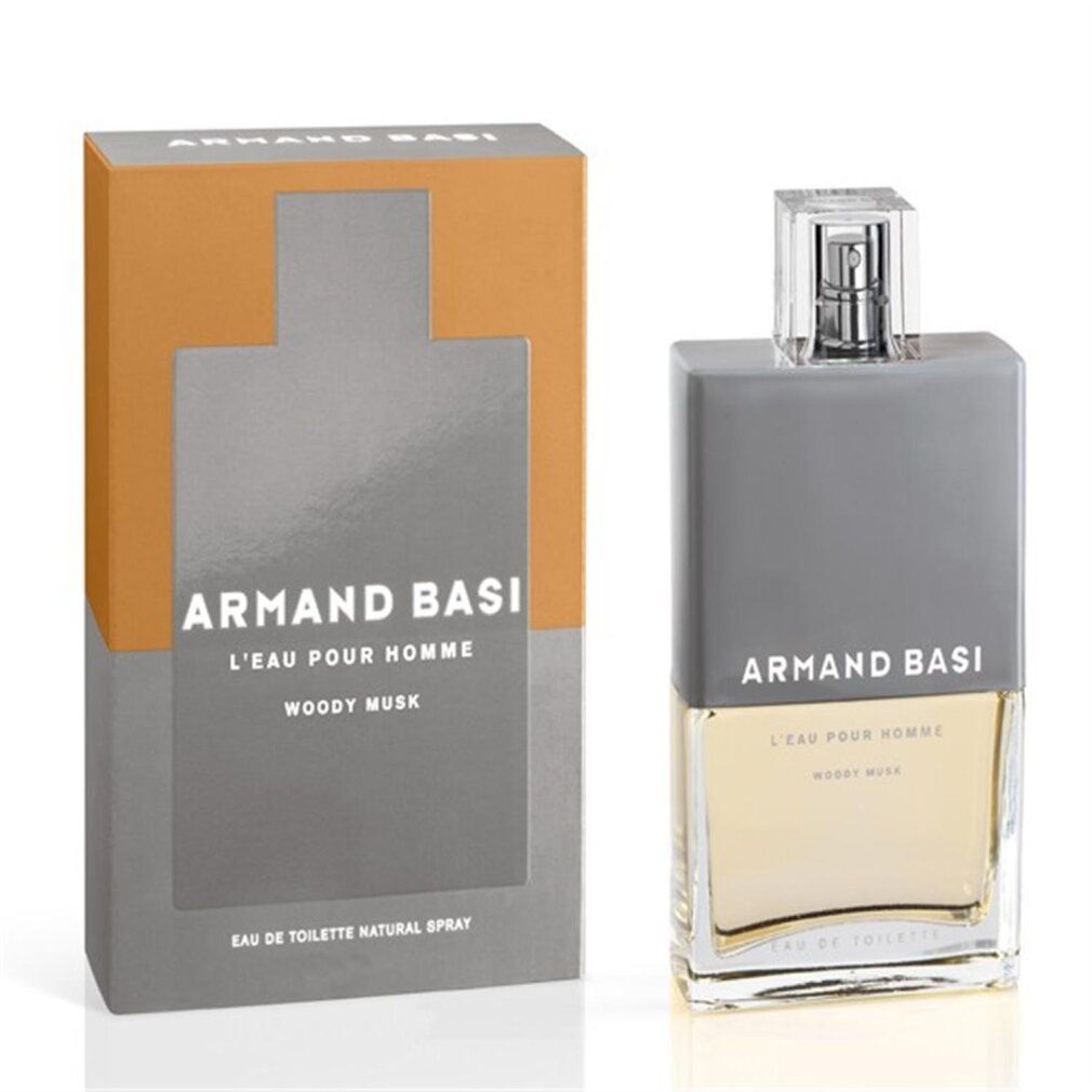 Flacone e confezione Armand Basi l'Eau Pour Homme. Forma rettangolare, tappo grigio, scritta. Confezione arancione.