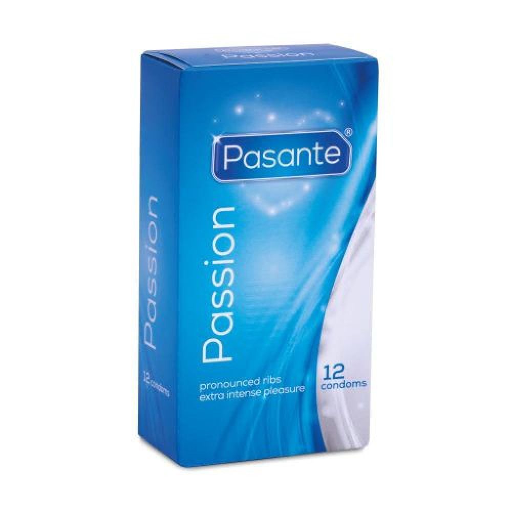 Scatola blu di preservativi Pasante Passion. 12 preservativi. Scanalature per un piacere intenso.