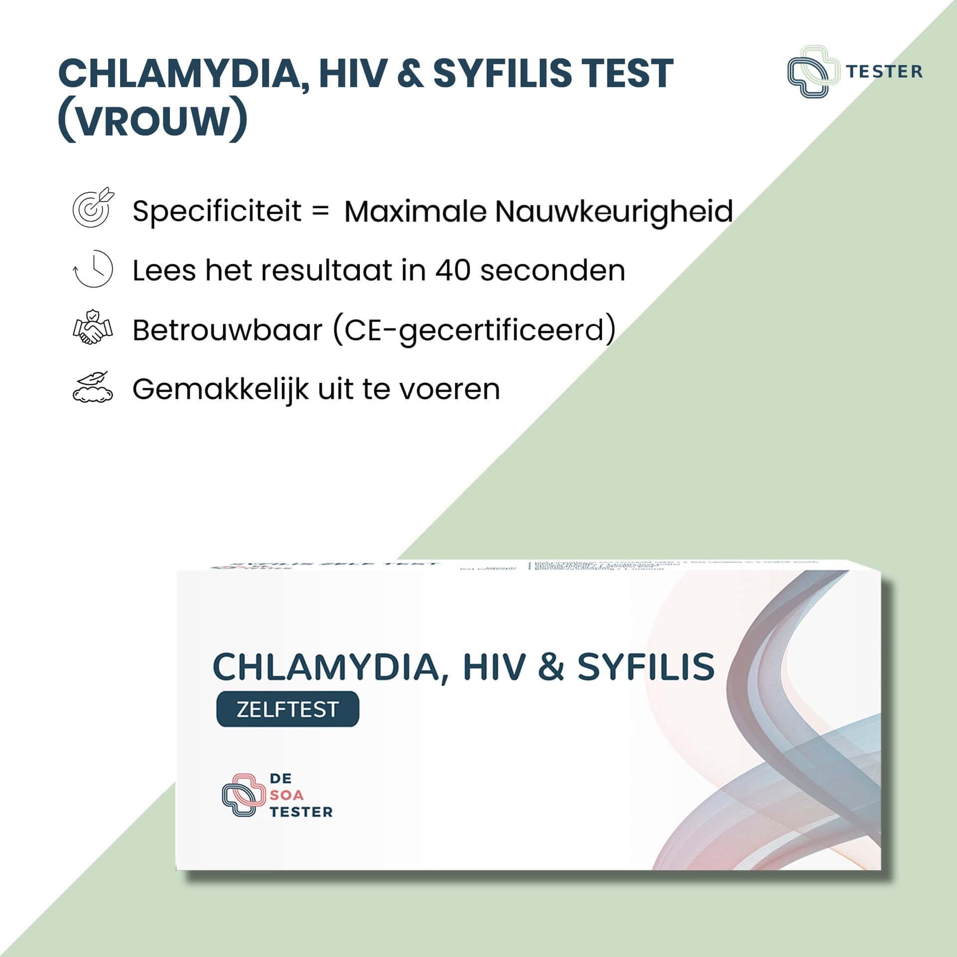 Confezione di un autotest combinato Chlamydia, HIV e Sifilide per donne. Mostra specificità, tempo di risultato e certificazione CE.