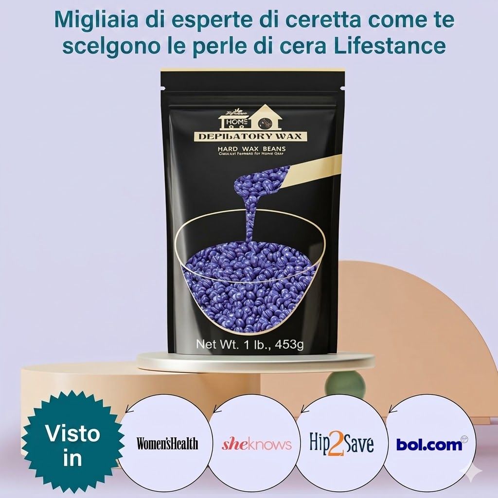 Confezione di perle di cera blu. Testo: Lifestance, Cera depilatoria, Perle di cera. Citato: Women's Health, sheknows, Hip2Save, bol.com.