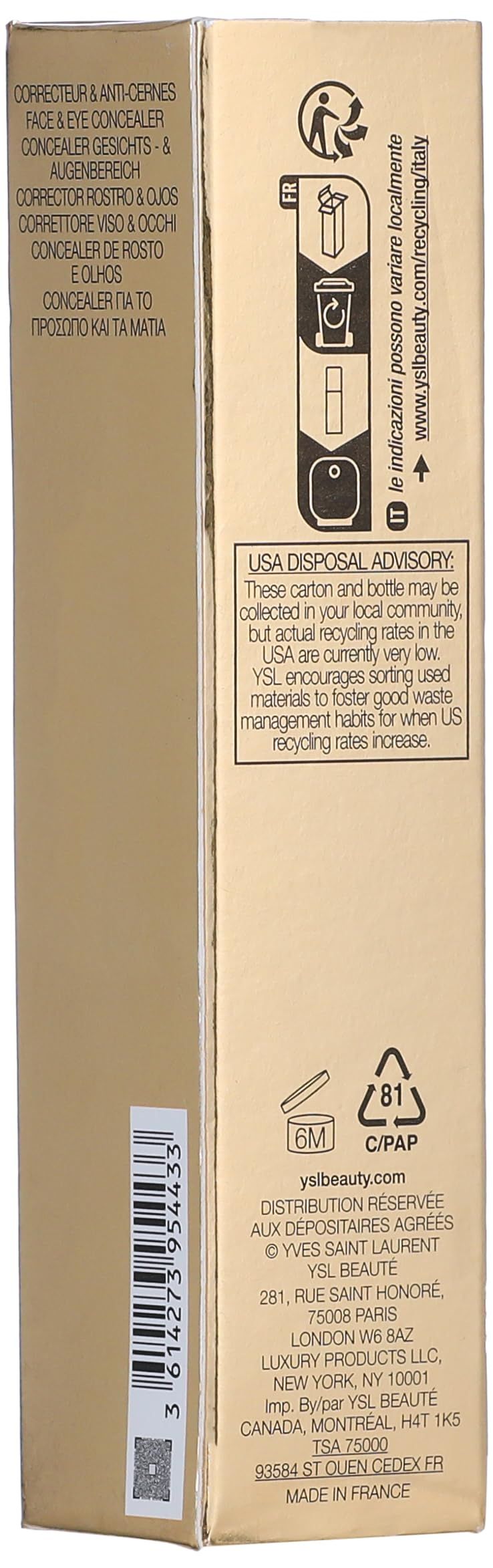 Confezione in cartone con simboli di riciclaggio e testo. Testo: YSL Beauté, USA DISPOSAL ADVISORY, Made in France.