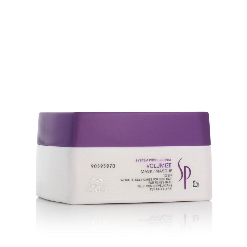 Contenitore bianco con coperchio viola. Scritta: Volumize Mask. Marchio: SP.