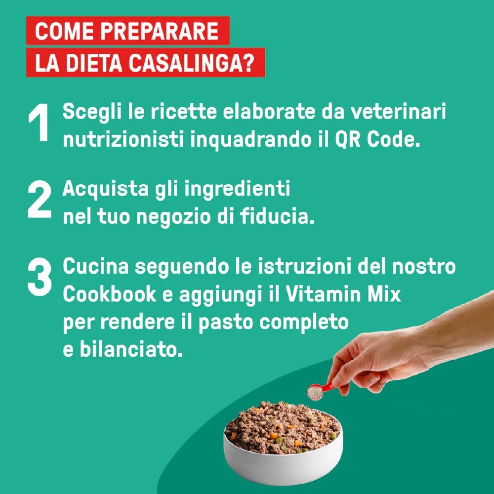 Istruzioni per preparare Vitamin Mix. Una mano aggiunge Vitamin Mix a una ciotola di cibo. Testo in italiano.