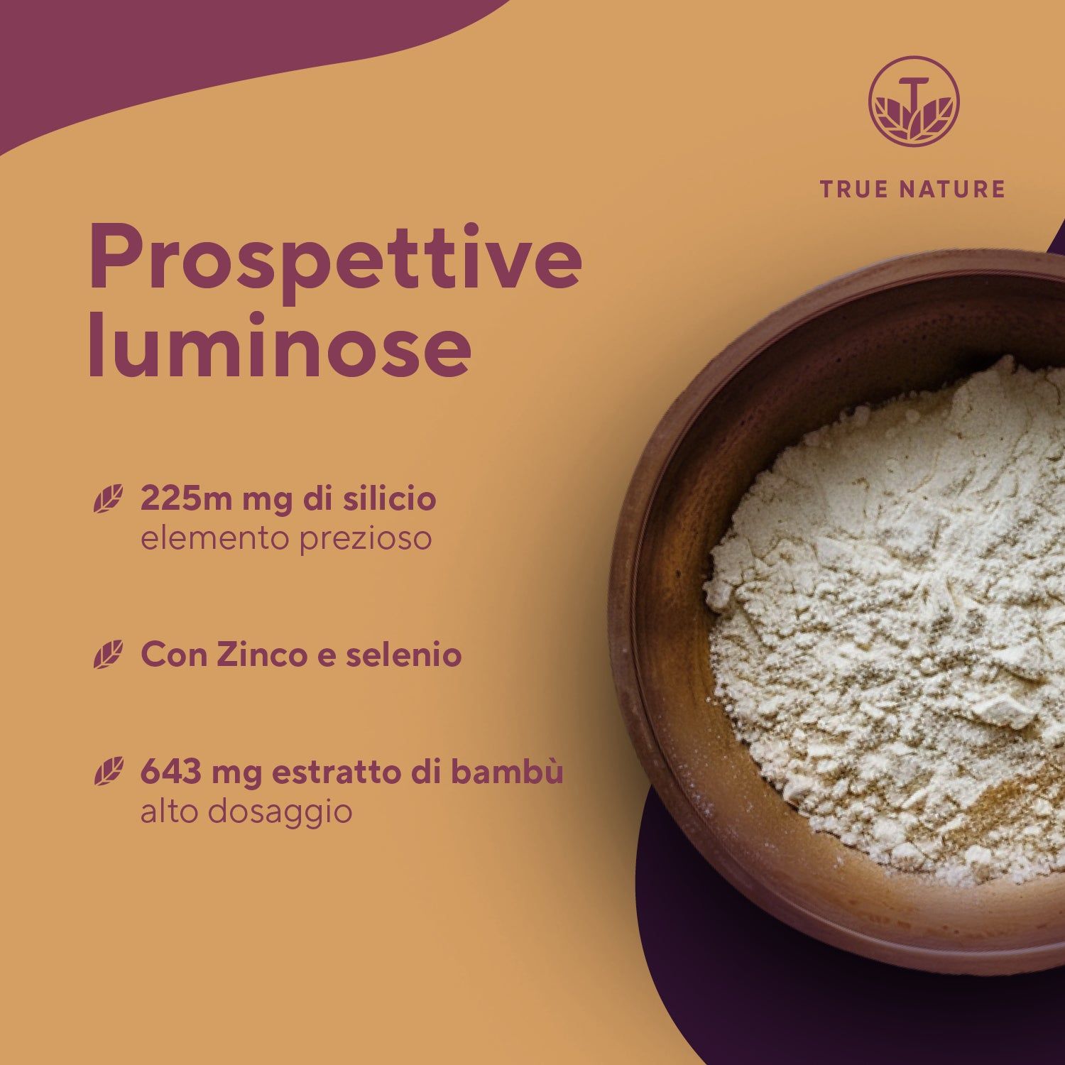 Ciotola con polvere. Testo: Silicio, Zinco e Selenio. 225mg Silicio, 643mg Estratto di bambù.