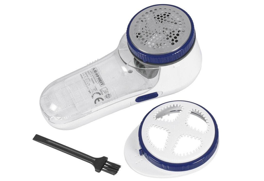 Rasatura elettrica per pelucchi, spazzola per la pulizia e ricambio. Bianco, blu. Marchio CE.
