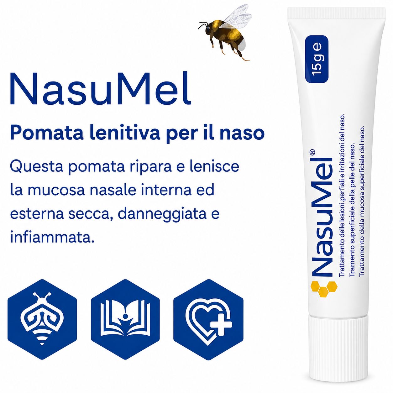 Tubo di NasuMel da 15g. Testo: Pomata lenitiva per il naso. Immagine di un'ape e icone.