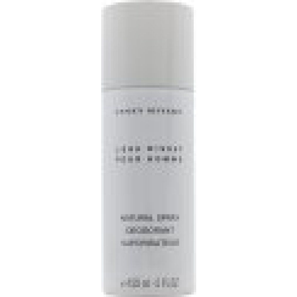 Spray deodorante Issey Miyake. Contenitore bianco con testo nero. Nome del prodotto e descrizione.