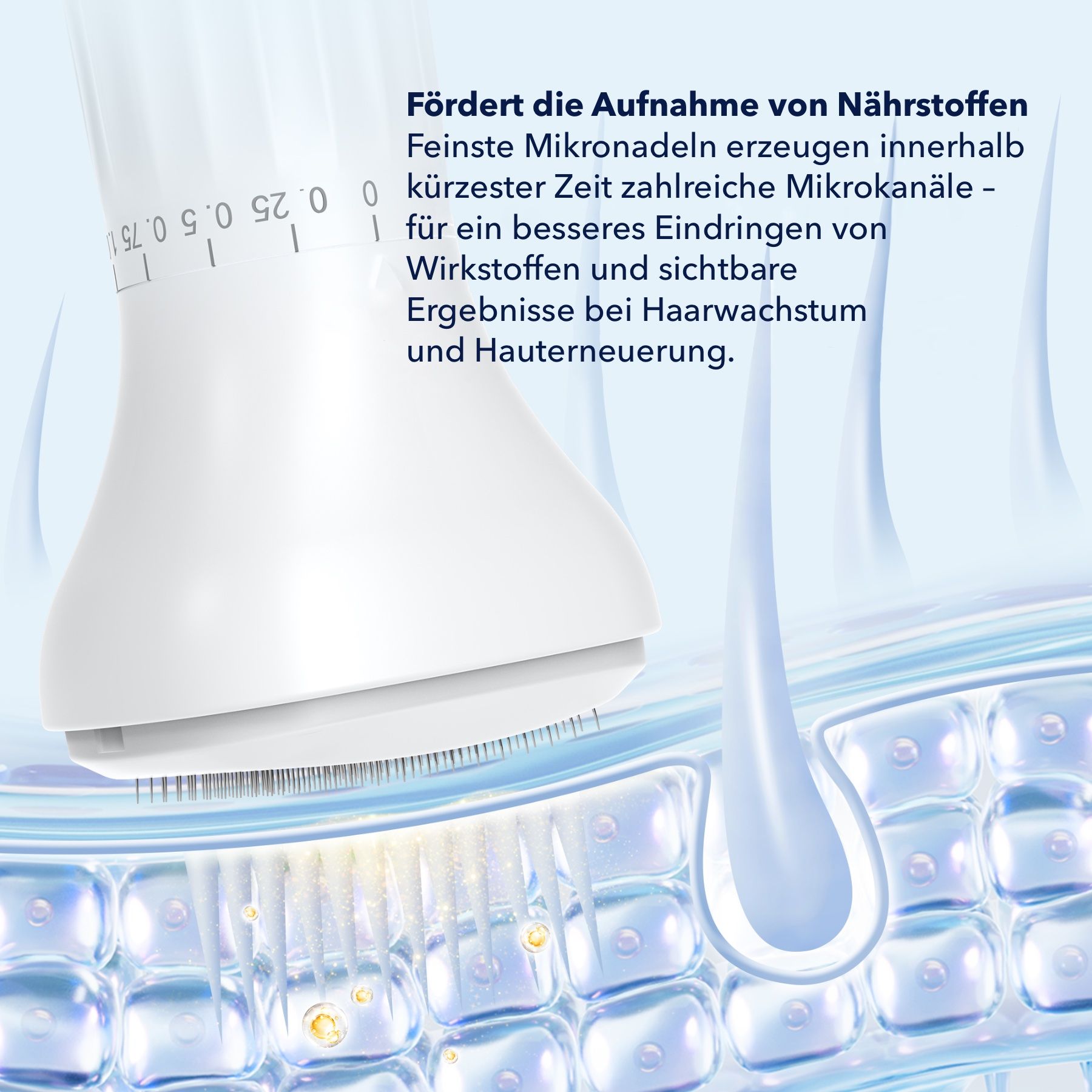Primo piano del dermastamp bianco. Micro-aghi e goccioline di liquido. Testo: Favorisce l'assorbimento dei nutrienti.