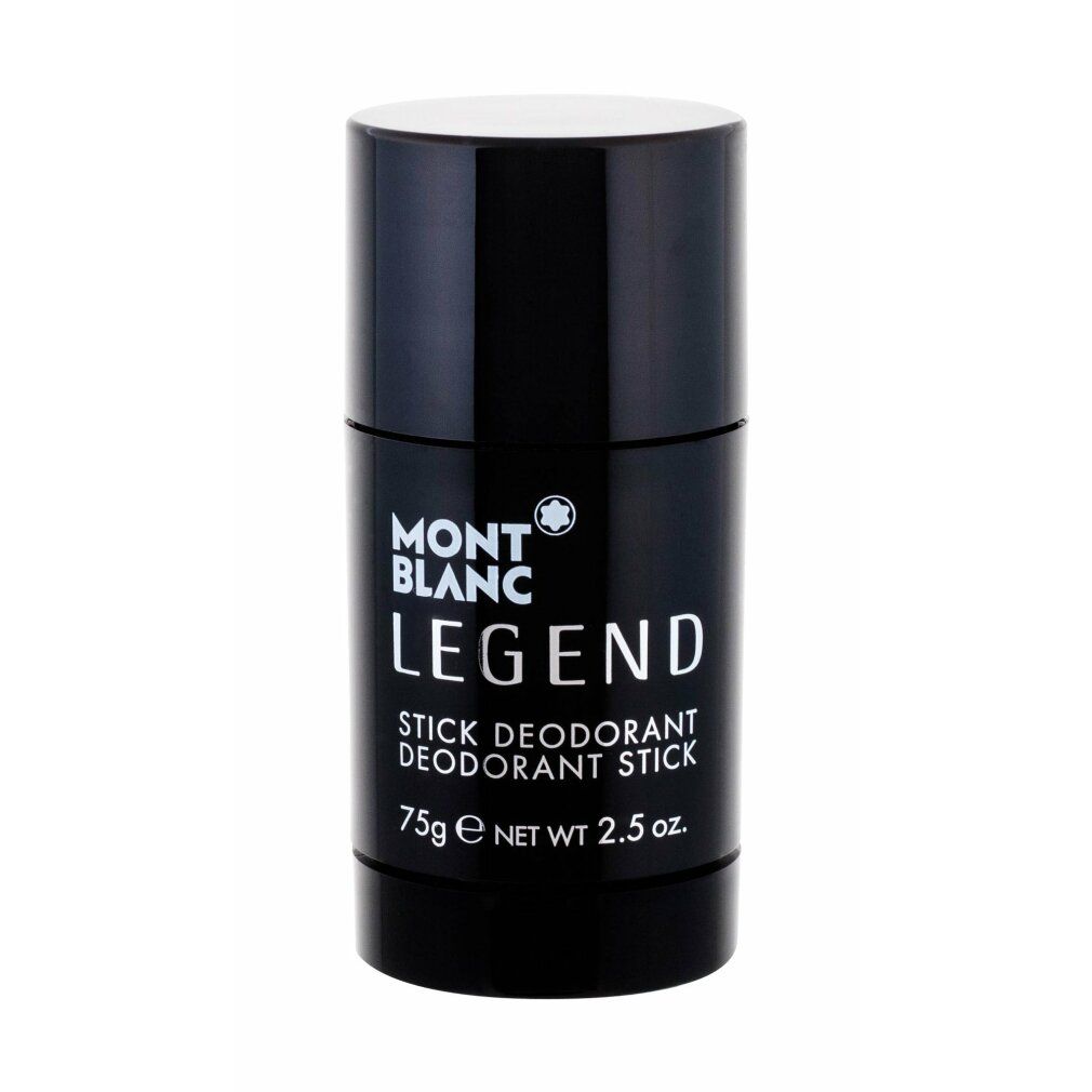Stick deodorante nero con coperchio bianco. Scritta: MONTBLANC LEGEND, STICK DEODORANT, 75g e NET WT. 2.5 oz.