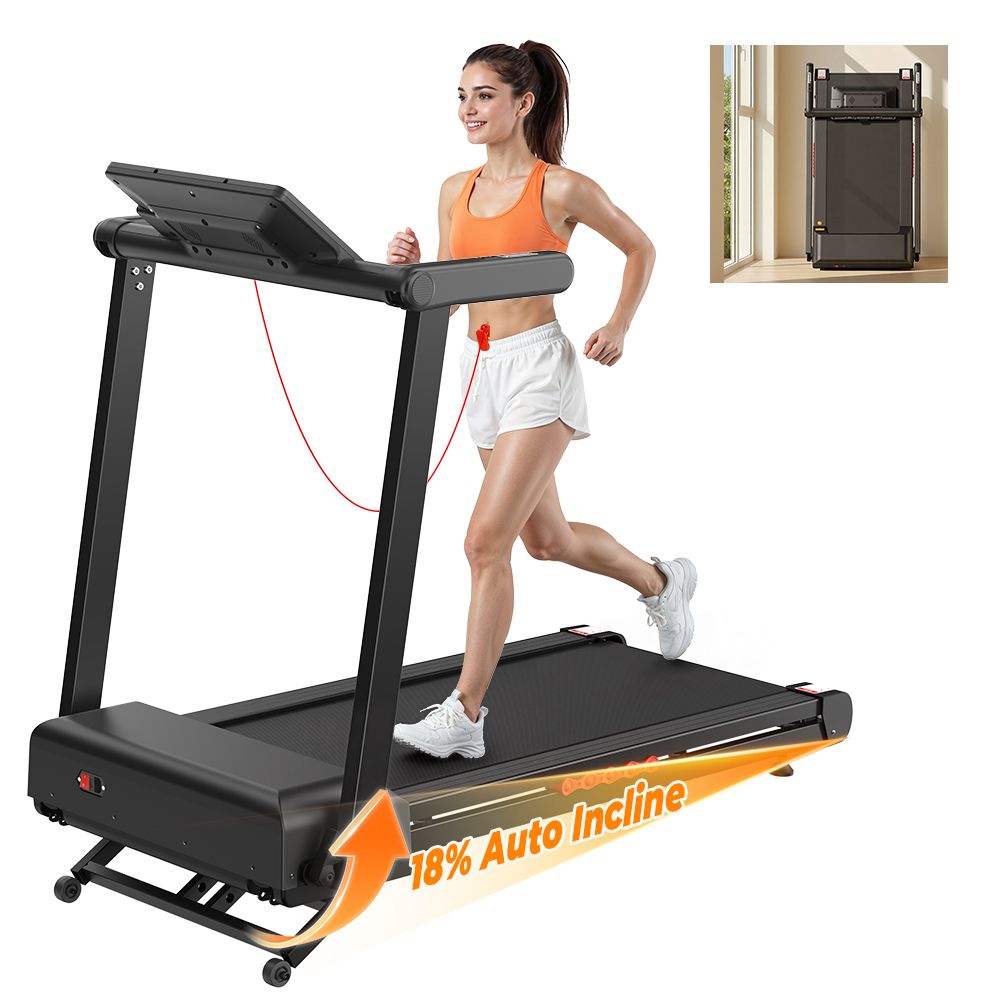 Tapis roulant nero pieghevole con donna che corre. Display 18% Auto Incline. Tapis piegato sullo sfondo.