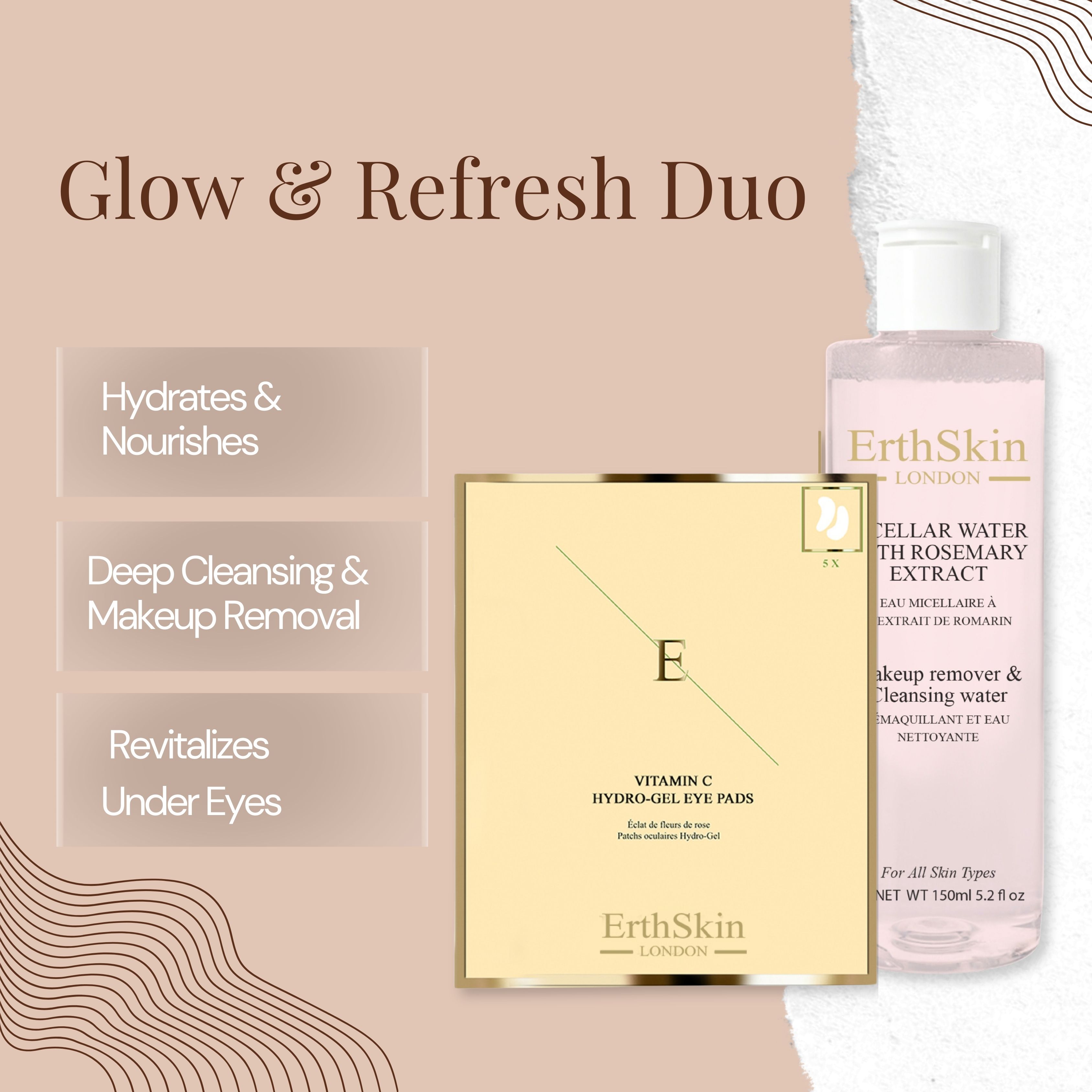 ErthSkin London, cuscinetti per occhi e acqua micellare. Confezione dorata, flacone con liquido rosa e tappo bianco.