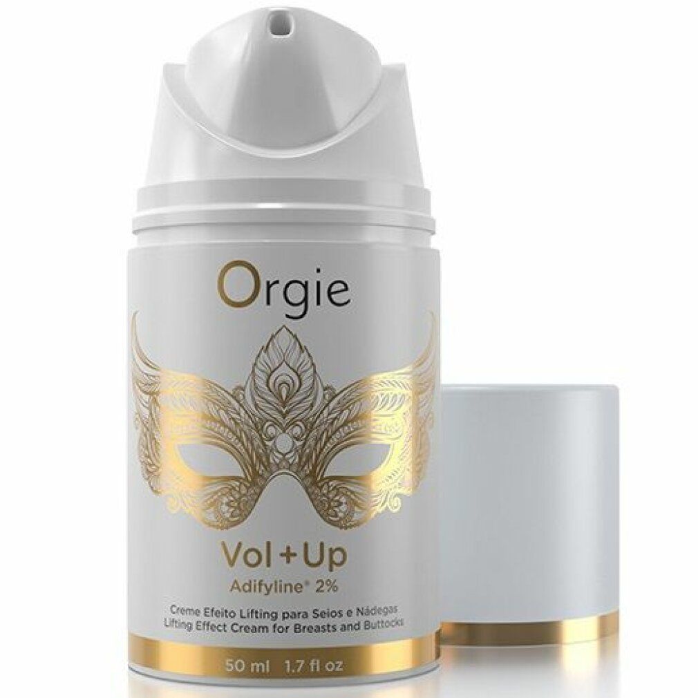 Flacone crema bianco, design maschera dorata. Scritta: Orgie, Vol+Up, Adifyline 2%. Coperchio accanto.