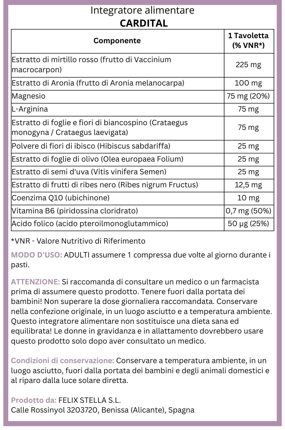 Tabella con ingredienti e valori nutrizionali di CARDITAL. Contiene mirtillo, aronia, magnesio.