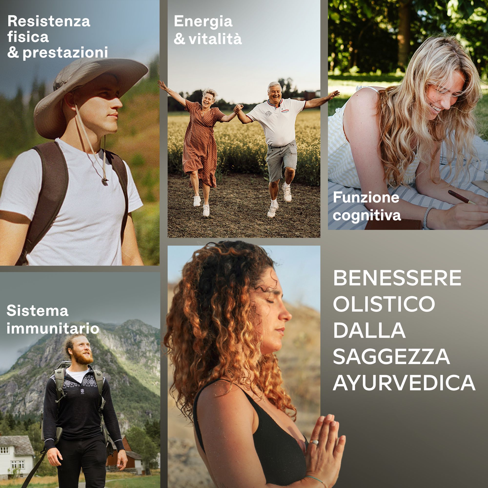 Persone in diverse situazioni. Testo: resistenza fisica, energia, funzione cognitiva.