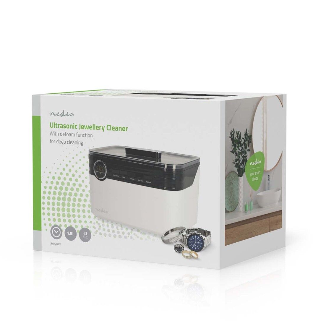 Confezione del pulitore a ultrasuoni per gioielli. Scritta: Nedis Ultraschall Jewellery Cleaner. Illustrazione del prodotto.