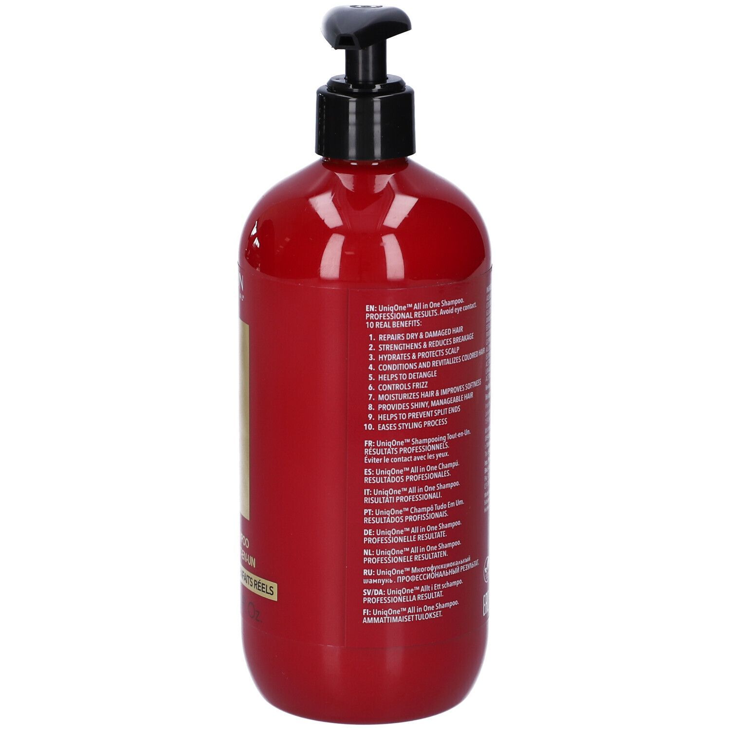 Flacone di shampoo rosso con erogatore nero. Retro con testo sui benefici.